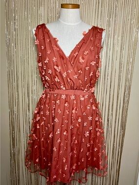T-Bags Rusty Coral V-Neck Mini Dress with 3D Floral Appliqués